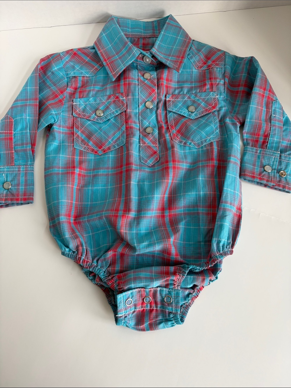 Baby Plaid Popover Bodysuit in Teal & Red western ware 6/9 M Brandnew